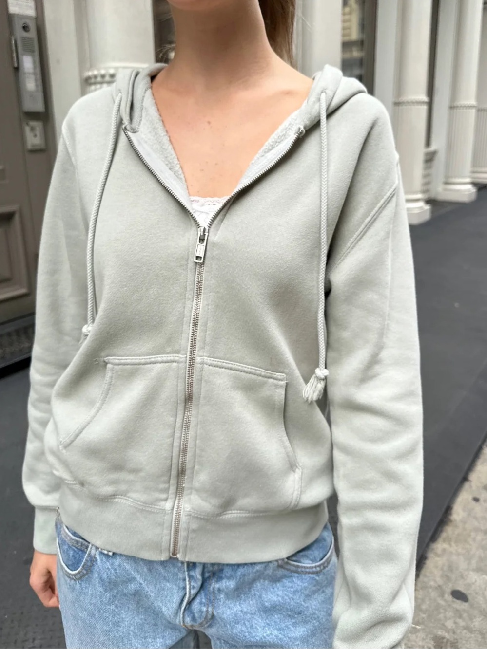 brandy melville christy zip up hoodie sage green boxy fit slouchy one size